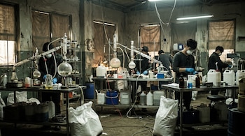 Cinco personas con mascarillas y guantes en un laboratorio con equipo de química, contenedores plásticos, sacos blancos, mesas de metal y ventanas.