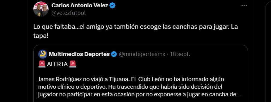 James Rodríguez es criticado por la supuesta decisión de no jugar en una cancha sintética con León de México - crédito @velezfutbol/X