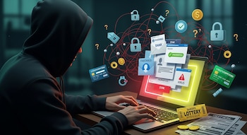 Un individuo encapuchado teclea en un portátil cuya pantalla muestra alertas de estafa, virus y phishing; alrededor flotan tarjetas de crédito, candados y dinero.