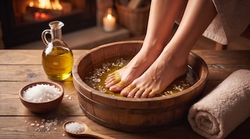 Pies en cuenco de madera con aceite y sal. Jarra de aceite, bol de sal, cuchara de madera, toalla enrollada sobre mesa de madera. Chimenea encendida de fondo.