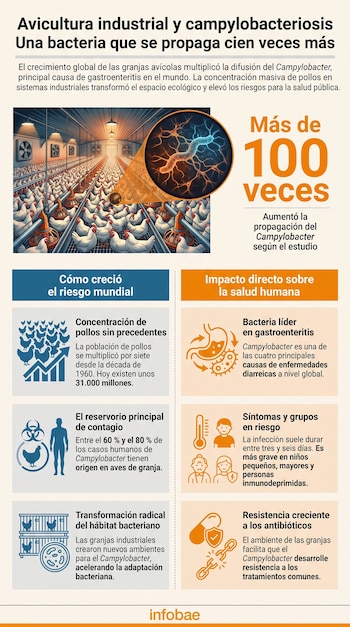Infografía sobre avicultura industrial, que muestra una granja de pollos, una bacteria Campylobacter magnificada y datos de impacto en la salud humana.