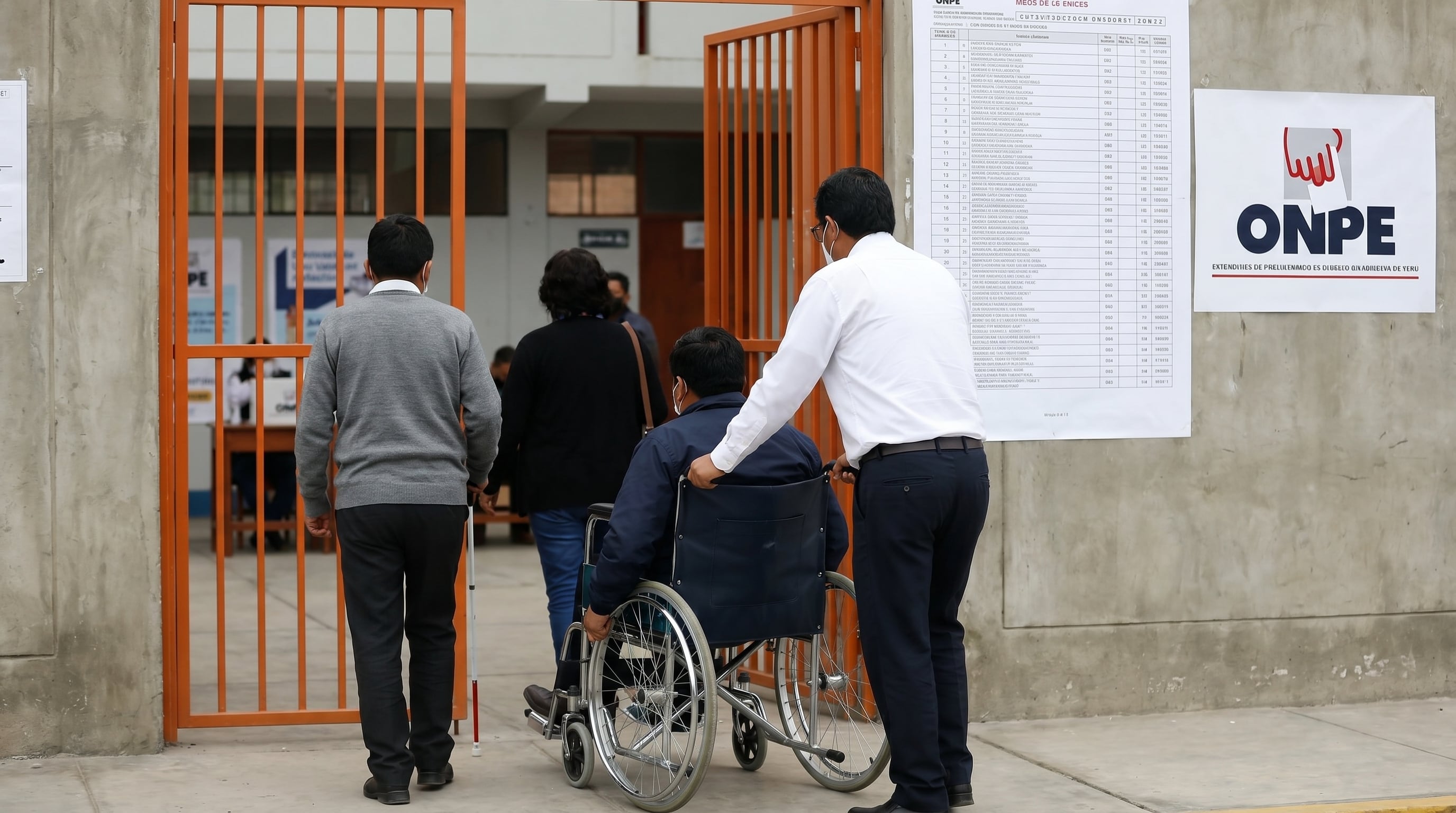 Ciudadanos con discapacidad, incluyendo una persona en silla de ruedas y otra invidente con bastón blanco, son asistidos al ingresar a un local de votación en Perú, promoviendo la inclusión en el proceso electoral. (Imagen Ilustrativa Infobae)