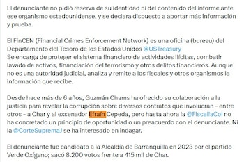 La denuncia enviada al Tesoro estadounidense se apoya en un historial previo de aportes ante la justicia colombiana. Guzmán Chams ha dicho desde 2020 que en el contrato del mega tanque debió entregar $2.300 millones a Char - crédito @Melquisedec70/X