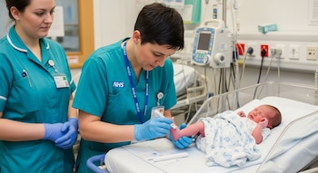 Dos profesionales de la salud con uniforme verde y guantes azules, una realiza una prueba en el talón de un bebé acostado en una cuna de hospital.