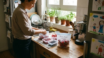 Mujer en cocina casera organizando fresas, frambuesas y arándanos en recipientes para congelar sobre encimera de madera. Ventana, plantas y nevera visible al fondo.