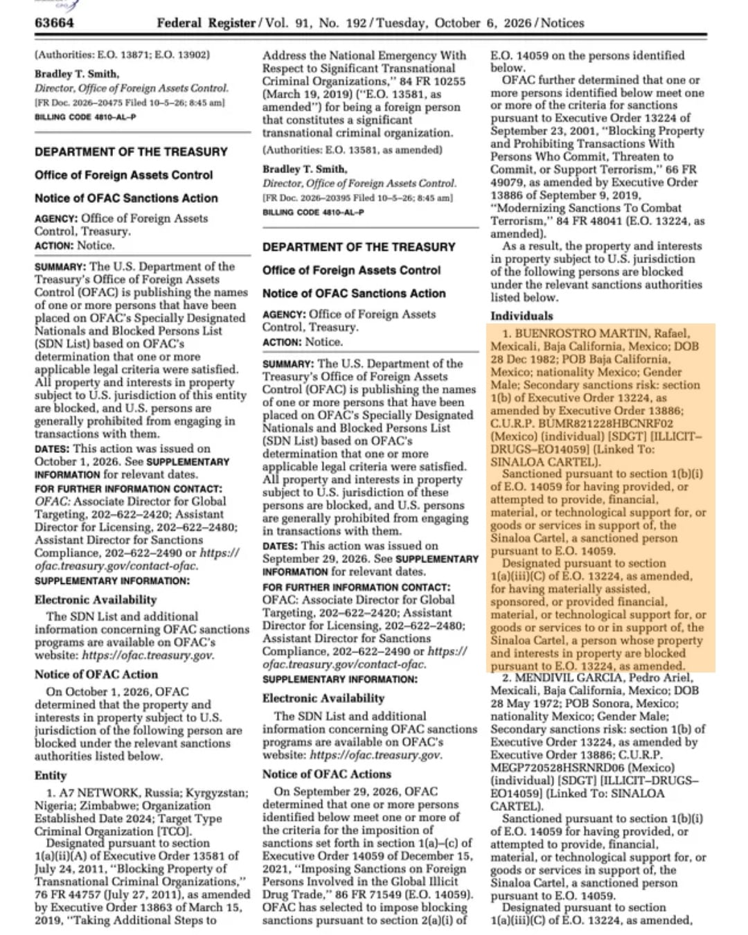Una página del Registro Federal de Estados Unidos detalla las sanciones de la Oficina de Control de Activos Extranjeros contra un individuo vinculado al Cártel de Sinaloa. (Ofact list)