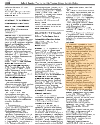 Documento impreso del Registro Federal con texto en inglés ordenado en columnas y una sección resaltada en color naranja