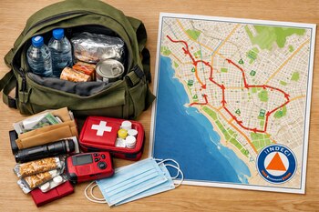 Kit de emergencia: mochila con agua, alimentos, radio, botiquín, mascarillas. Junto a mapa de evacuación urbana con rutas y logo INDECI, en mesa.