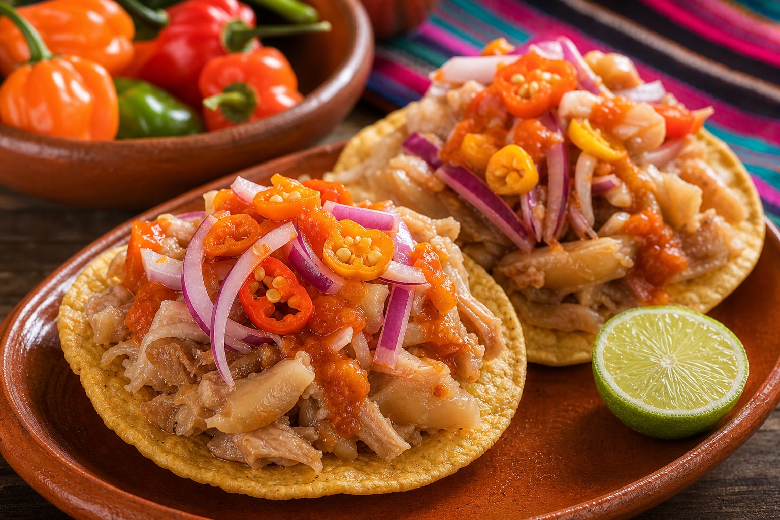 Dos tostadas de pata de res acompañadas con cebolla morada, salsa y rodajas de chile habanero integran un plato tradicional de la gastronomía mexicana. (Imagen Ilustrativa Infobae)