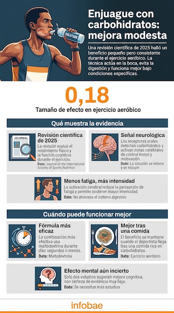 Infografía con la ilustración de un corredor bebiendo de un recipiente, diagramas del cerebro, gráficos de comida y textos explicativos.