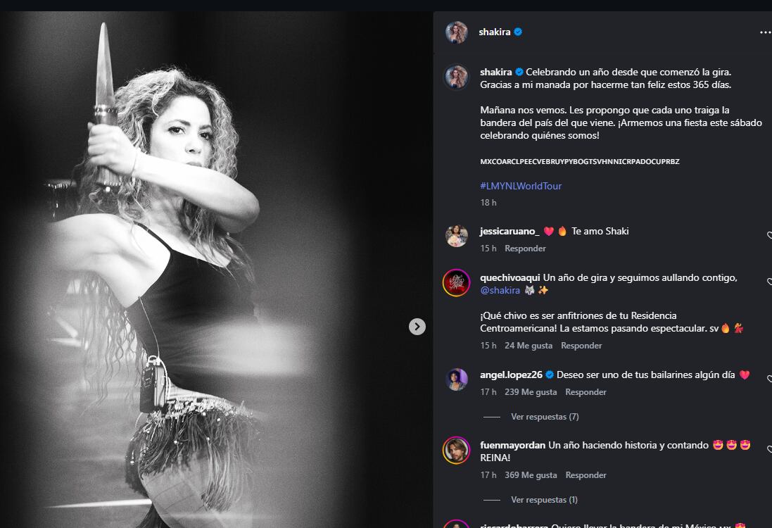 Shakira celebra el primer aniversario de su gira mundial “Las Mujeres Ya No Lloran”, invitando a sus seguidores a llevar la bandera de su país al concierto en El Salvador (Foto cortesía Shakira).
