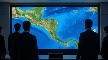 Vista trasera de cinco empresarios en trajes oscuros observando un mapa geográfico de Centroamérica con sus fronteras en una pantalla grande y brillante.