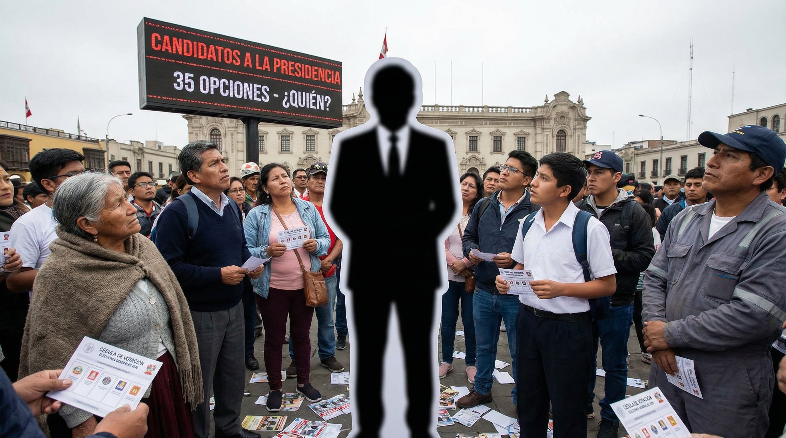 Ciudadanos peruanos observan con expresiones de duda una silueta genérica de un candidato y un cartel luminoso que anuncia 35 opciones presidenciales para las Elecciones 2026, mientras sostienen cédulas de votación. (Imagen Ilustrativa Infobae)