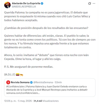 Abelardo de la Espriella contestó a la invitación de Paloma Valencia a debatir - crédito @ABDELAESPRIELLA/X