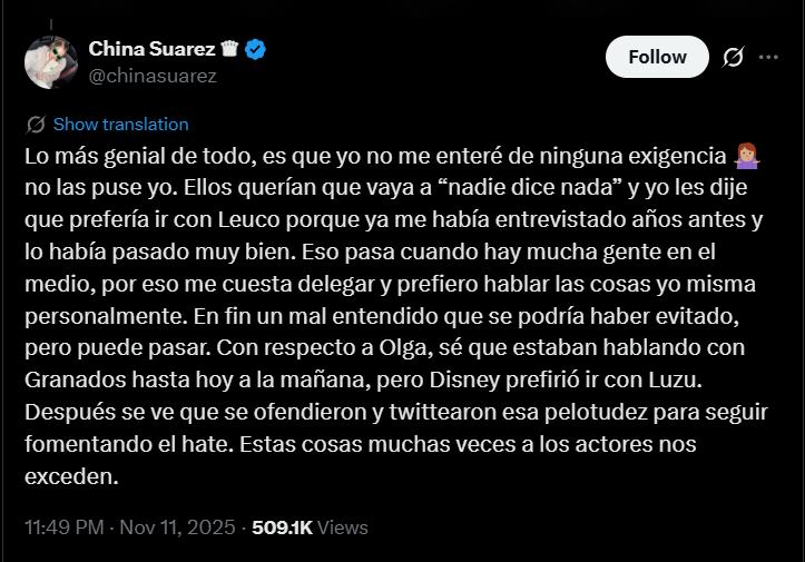 La China Suárez dio su versión de la entrevista que no fue en Luzu