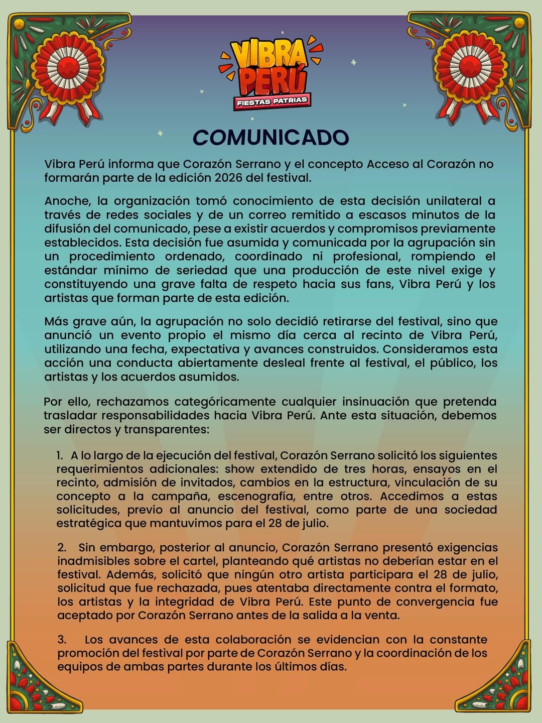 Organizadores de ‘Vibra Perú’ cuestionan salida de Corazón Serrano y denuncian show propio y el mismo día. IG