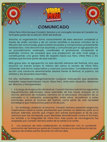 Organizadores de ‘Vibra Perú’ cuestionan salida de Corazón Serrano y denuncian show propio y el mismo día. IG