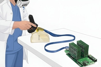 Una persona con bata de laboratorio y casco VR sostiene un dispositivo de ultrasonido conectado a una placa de circuito en una mesa blanca