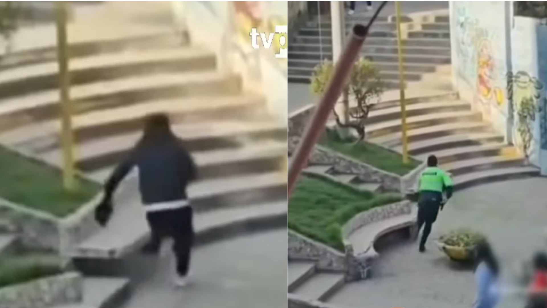 Un hombre huye por unas escaleras tras escapar de un patrullero en Huancayo mientras un efectivo policial lo persigue a pie. (Composición: Infobae Perú)