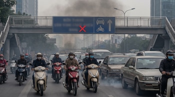 Vista de una calle concurrida con motocicletas y autos, personas con mascarillas, y humo espeso en el aire. Un puente peatonal y edificios se ven bajo un cielo gris.