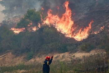 Un bombero trabaja para extinguir un incendio forestal cerca del pueblo griego de Siviri (Vasilis VERVERIDIS / AFP)