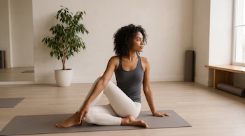 Mujer con cabello rizado oscuro sentada en un mat de yoga gris. Viste camiseta sin mangas gris y leggings claros. Hay una planta en maceta y una ventana.