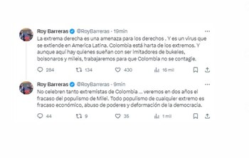 Esta fue la respuesta que ofreció Roy Barreras tras el triunfo de Javier Milei en las elecciones presidenciales de Argentina - crédito @RoyBarreras/X