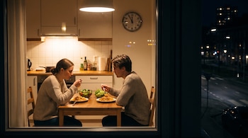 Una pareja joven cena en una mesa de madera. Hay dos platos de pasta, dos ensaladeras, cubiertos y vasos. Un reloj de pared marca casi las once.