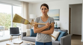 Una mujer caucásica de cabello oscuro y camiseta gris sostiene una escoba de madera rota en una sala moderna con sofá gris y grandes ventanales.