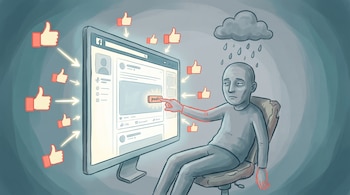 Una persona apática sentada frente a un monitor de red social, con una nube de lluvia sobre la cabeza y dedos de 'me gusta' que la impulsan a postear.