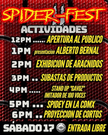 Cartel rojo y negro con el título Spider-Fest II, que lista siete actividades con sus respectivos horarios y la leyenda de entrada libre