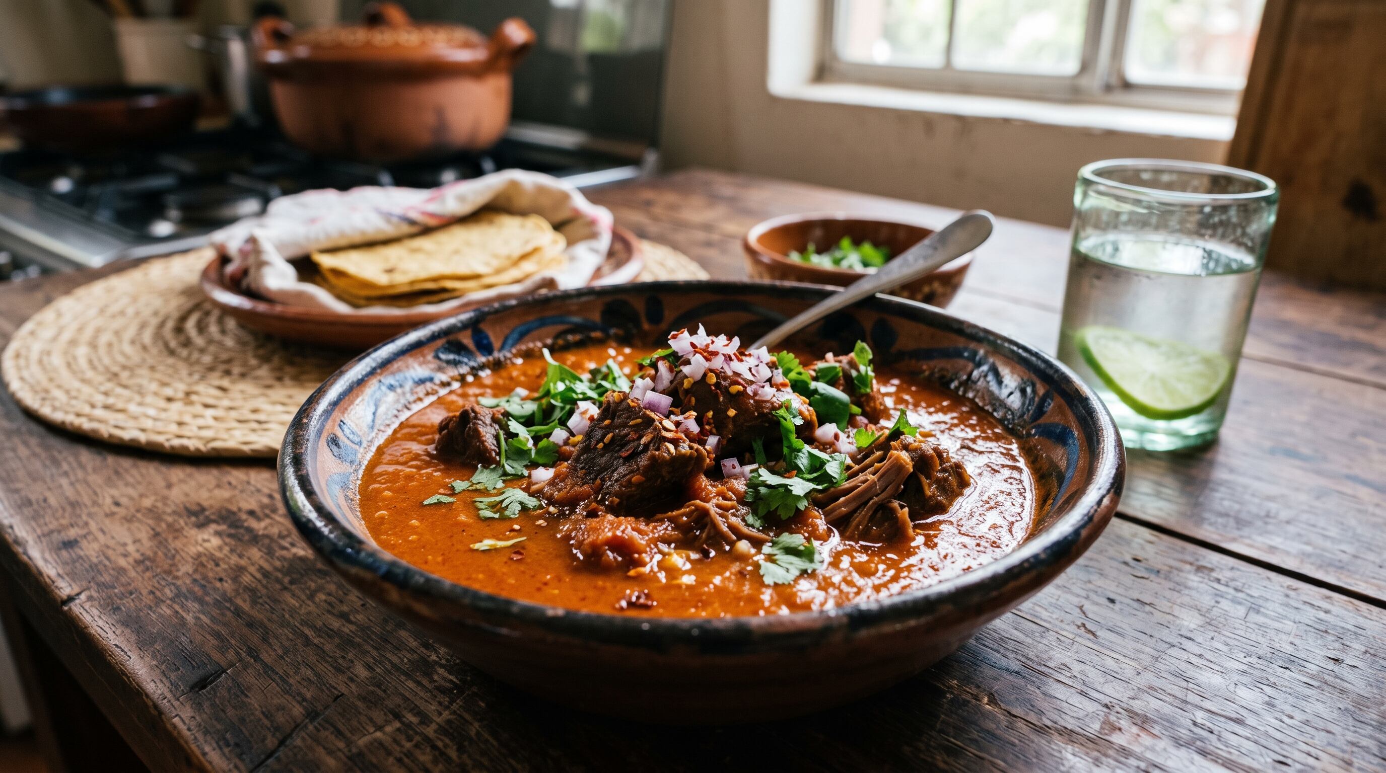 Un plato de costilla de res cocida en salsa de tomate y chile de árbol se sirve con tortillas sobre una mesa de madera. (Imagen Ilustrativa Infobae)