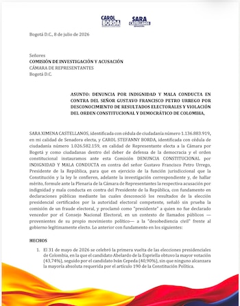 Congresistas de Salvación Nacional radicaron una denuncia constitucional contra el presidente Gustavo Petro ante la Comisión de Investigación y Acusación de la Cámara por presunta indignidad y mala conducta - crédito @sarag12/X