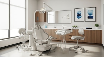 Vista interior de un consultorio odontológico moderno y vacío, con silla dental reclinable, lámpara de examen, fregadero y gabinetes de madera clara.