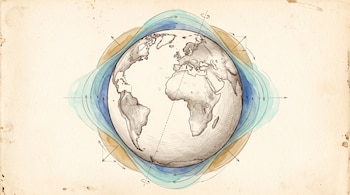 Dibujo del globo terráqueo rodeado por líneas con flechas en azul y marrón sobre un fondo de papel amarillo con textura