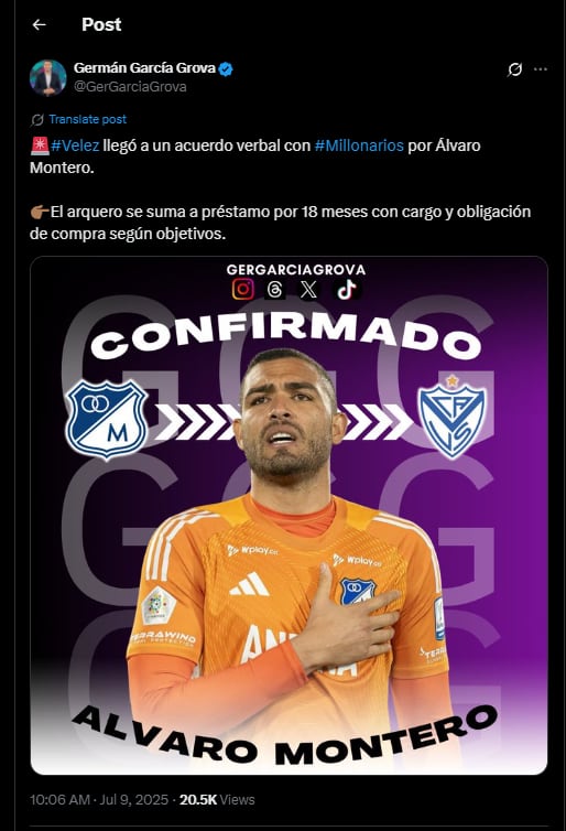 El portero del cuadro bogotano tendría su destino en el fútbol argentino- crédito @GerGarciaGrova / X