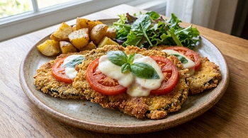 Plato de tres milanesas de berenjena empanadas y fritas, cubiertas con rodajas de tomate, queso derretido y hojas de albahaca, servido con patatas y ensalada.