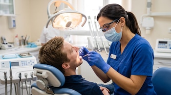 Una dentista con mascarilla, gafas y guantes azules examina la dentadura de un paciente en un sillón clínico bajo una lámpara.