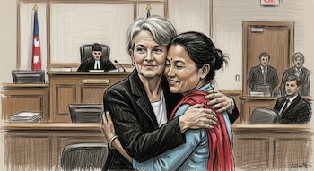 Dibujo de sala de juzgados: Una mujer de cabello gris y blazer negro abraza a una mujer nepalí con chal rojo, con la bandera de Nepal visible al fondo.