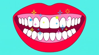 Primer plano de boca abierta sonriendo, con labios rojos, dientes blancos y encías rosadas. Destellos de colores sobre dientes y encías. Fondo turquesa.