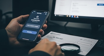 Una mano sostiene un teléfono móvil mostrando una aplicación bancaria, mientras otra mano examina un cheque con una lupa; un monitor de computadora se ve en el fondo.