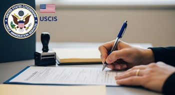 Primer plano de manos firmando un formulario de inmigración de EE.UU. con bolígrafo azul. El logo de USCIS, una carpeta y un sello de tinta son visibles.