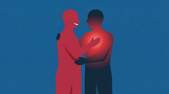 Ilustración plana de dos siluetas humanas abrazándose, una totalmente roja y sonriente, la otra oscura se ilumina de rojo desde el pecho, sobre un fondo azul.