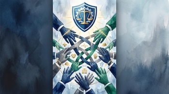 Manos entrelazadas bajo un escudo con balanza y engranaje. Íconos de salud y seguridad rodean las manos. Fondo acuarelado en tonos azul y blanco.