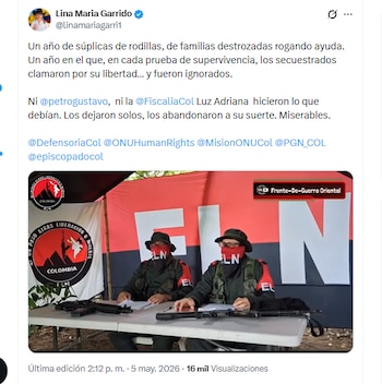 Lina María Garrido señaló al Gobierno nacional y a la Fiscalía de haber abandonado a los funcionarios del CTI y la Dijín que fueron secuestrados por el ELN hace un año y que ahora pasarán más tiempo en cautiverio - crédito @linamariagarri1/X