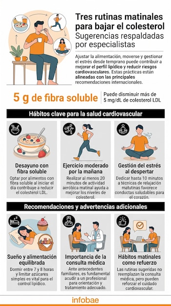 Infografía con ilustraciones de personas desayunando, corriendo, meditando, durmiendo y en consulta médica, acompañadas de texto.