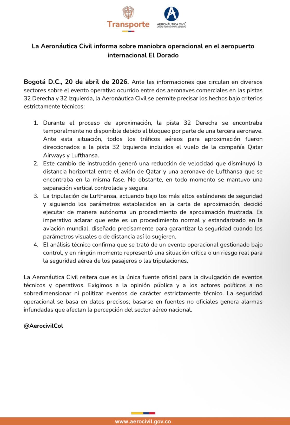 Aeronáutica Civil se pronunció tras el reporte en redes sociales sobre los aviones que casi chocan - crédito @AerocivilCol/X
