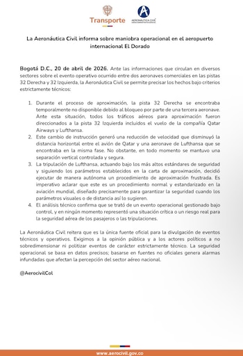 Aeronáutica Civil se pronunció tras el reporte en redes sociales sobre los aviones que casi chocan - crédito @AerocivilCol/X