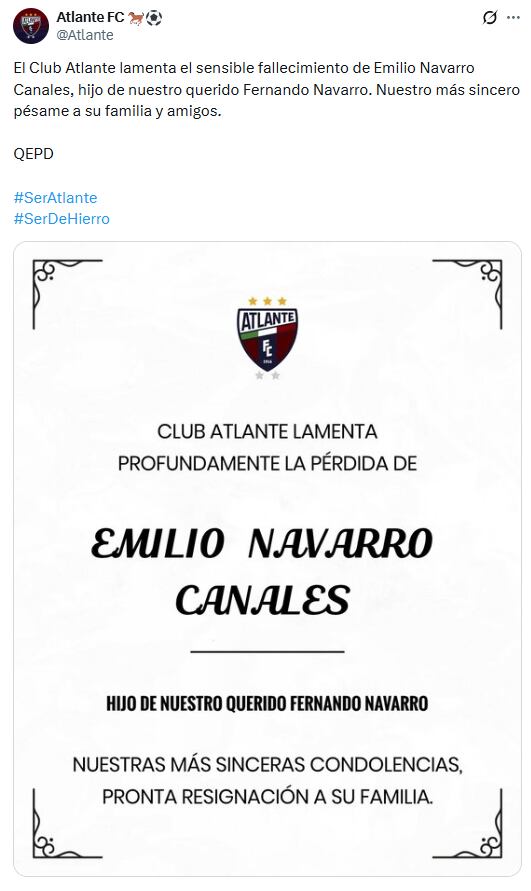 El Atlante fue uno de los equipos en los que Fernando Navarro dejó huella; de esta manera, se sumaron a las condolencias colectivas por la pérdida de su hijo.Crédito: X/ @Atlante