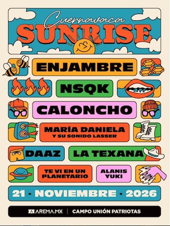 Póster del festival Cuernavaca Sunrise. Nombres de artistas, fecha 21 de noviembre de 2026, lugar Campo Unión Patriotas e íconos decorativos